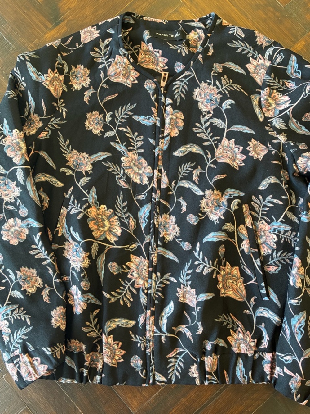 Vintage 90’s Ivanka Trump Black Floral Zip Bomber Jacket with Pastel Accents